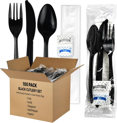 KitchenDine Paquete de 100 cubiertos de plástico negro envueltos de peso medio con servilletas y paquetes de sal/pimienta (negro)