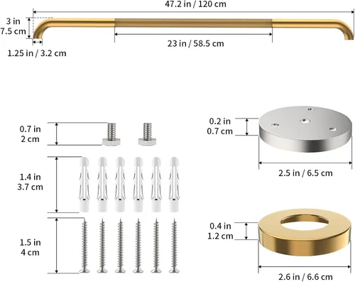 Miniatura 3 de Munzong - Barra de agarre antideslizante para ducha de 48 pulgadas, barra de agarre para pared de baño, barra de equilibrio moleteada dorada