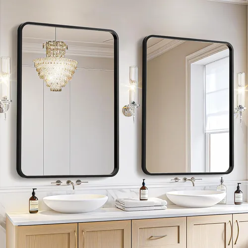 USHOWER - Juego de 2 espejos negros para baño sobre lavabo de 56 x 76 cm, espejo rectangular de marco metálico, espejo de tocador moderno de estilo