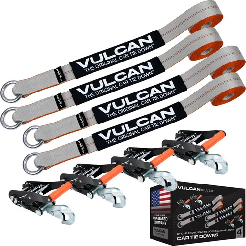 Miniatura 11 de VULCAN Sistema de amarre de llantas de automóvil con trinquetes, 2 x 144 pulgadas, paquete de 4, amarillo clásico, carga de trabajo segura de 3,300