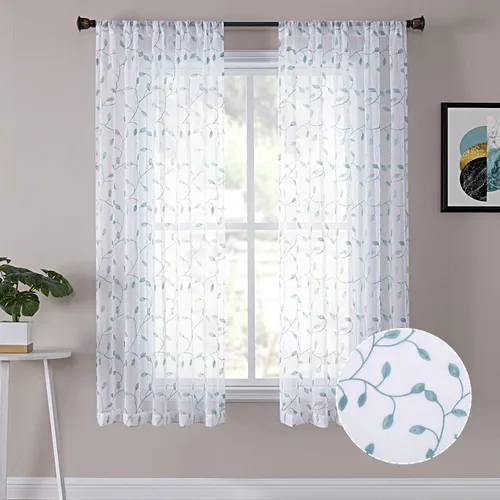 Miniatura 26 de Tollpiz Cortinas Cortas Transparentes de Hojas con Bordado de Hojas Grises, Cortinas de Dormitorio con Bolsillo para Barra, Voile de Lino Sintético