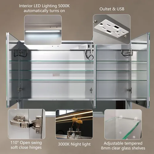 Miniatura 6 de Boyel Living Gabinete de medicina LED rectangular grande de aluminio plateado empotrado o montaje en superficie de 48 pulgadas de ancho x 32