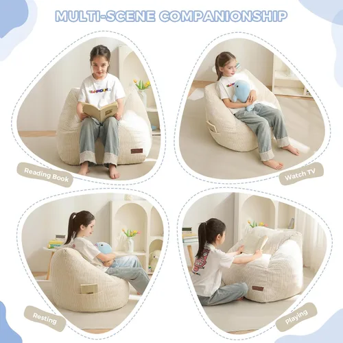 Miniatura 4 de MAXYOYO Puf para niños, puf con asa, cómoda silla para niños y niñas, sofá decorativo con bolsillo para jugar, leer y relajarse, color beige