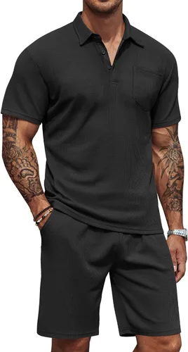 COOFANDY Conjunto de camisa polo y pantalones cortos de punto gofre para hombre, conjunto de 2 piezas, traje de verano casual con bolsillos