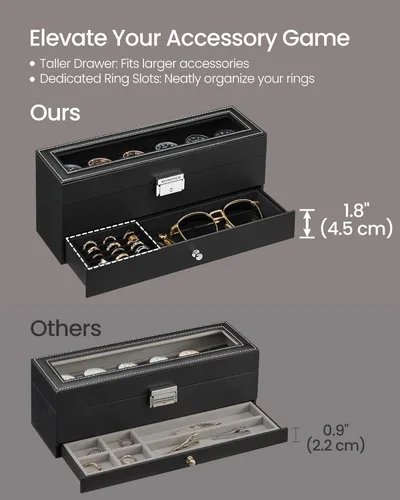 Miniatura 14 de SONGMICS UJWB012 - Caja de reloj de 12 ranuras, caja de reloj con cerradura con tapa de vidrio, 2 capas, con 1 cajón para anillos, pulseras, idea