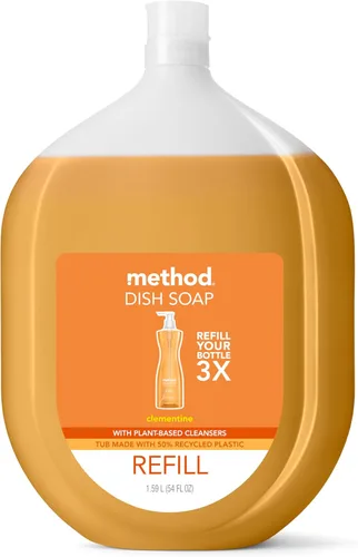 Method Repuesto de jabón de gel para platos, aroma a clementina, potente fórmula de limpieza, tubo de recarga grande, corta grasa, 54 onzas líquidas