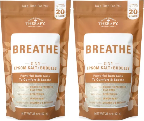 Village Naturals Breathe - Jabón corporal espumoso, sal de Epsom, aceites esenciales, burbujas relajantes, sal marina, 36 onzas, paquete de 2