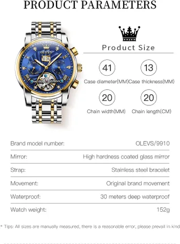 Miniatura 40 de OLEVS Reloj de pulsera automático con diseño de esqueleto para hombre, de lujo, con diamantes de lujo, de acero inoxidable, calendario, reloj