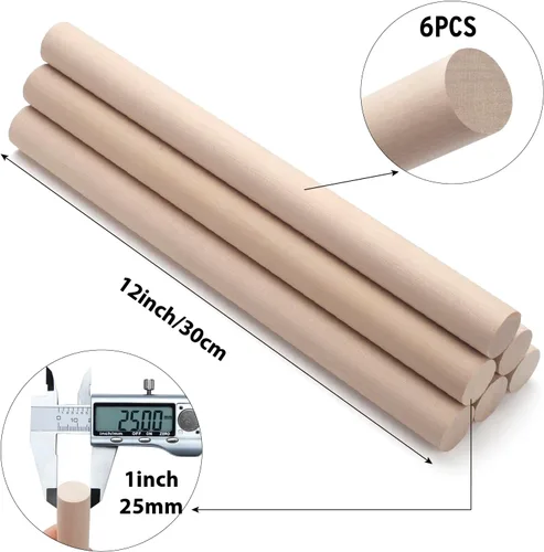 Miniatura 2 de Varillas de Clavija de Madera Tacos de Madera para Manualidades, 6 PCS 1 x 12 Palitos Redondos de Madera para Manualidades, Tacos Gruesos