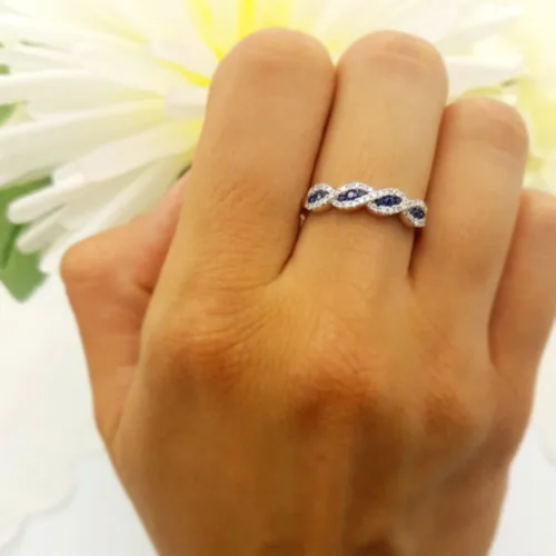 Miniatura 6 de Dazzlingrock Collection Round Blue Sapphire & White Diamond Bridal Swirl Stackable Anniversary Wedding Band 10K Gold