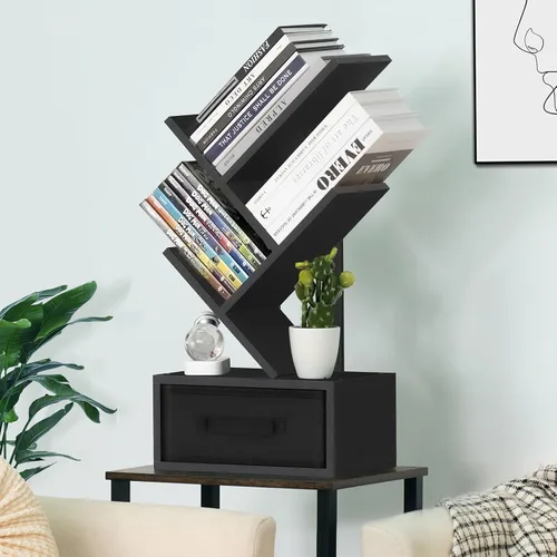 Miniatura 2 de SHEEPAM - Estantería pequeña con cajón, estantería de 4 niveles en forma de árbol en color negro, estantería de escritorio de madera, estanterías