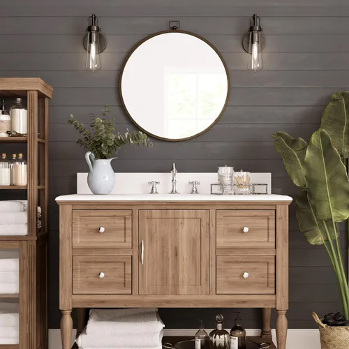 Miniatura 3 de Barnyard Designs Espejo redondo de pared de tocador de baño de 24 pulgadas con colgador de cerradura, marco de metal circular para dormitorio