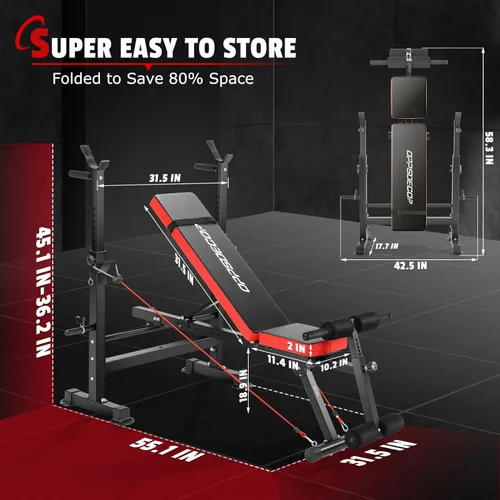 Miniatura 6 de OPPSDECOR Banco de pesas ajustable con soporte para barra de peso, soporte de pie removible, banco de pesas todo en uno de 600 libras, banco de Rojo