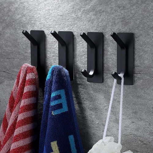 Miniatura 2 de YIGII Ganchos adhesivos para toallas, ganchos de pared negros para baño y cocina, ganchos resistentes, paquete de 4, acero inoxidable