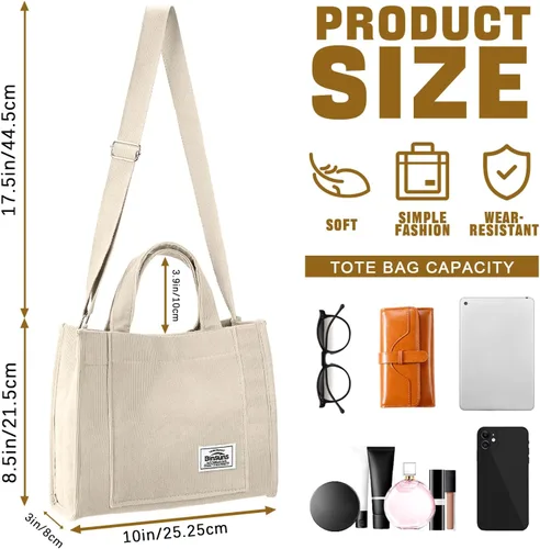 Miniatura 2 de Corduroy Tote Bag for Women Small Satchel Bag Mini Tote Bag Aesthetic Crossbody Handbag - School Work Travel Shopping