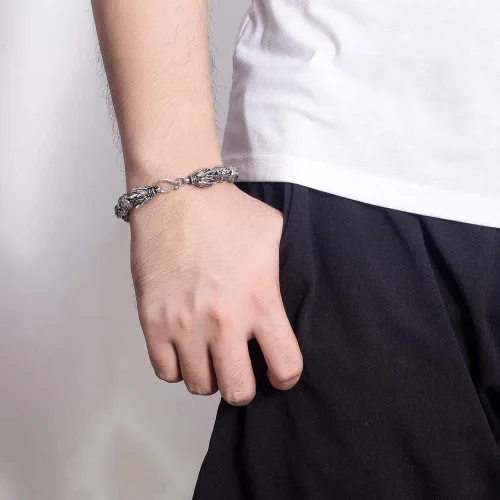 Miniatura 5 de Dankadi Pulsera de plata vintage para hombre, pulsera creativa de plata de ley 925 con dragón de 0.433 in, cadena de cuentas de 7-8-9-10 pulgadas