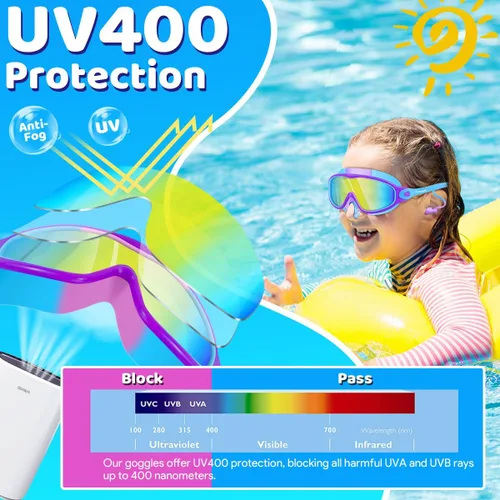 Miniatura 3 de Vvinca Gafas de natación para niños, con tapones para los oídos y clip para la nariz, visión amplia, antivaho y UV, para niños y niñas de 3 a 15 años