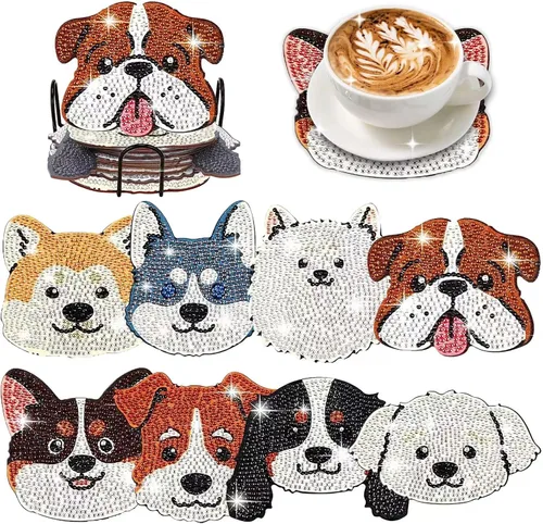 8 piezas de posavasos de pintura de diamantes en forma de perro para bebidas, kits de pintura de diamantes de perro DIY con soporte, posavasos de