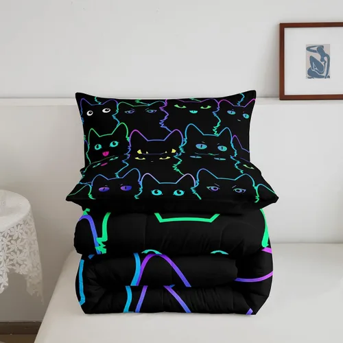 Miniatura 6 de Erosebridal Edredón de Gatos Lindos para Niños con Líneas de Arcoíris Neón, Juego de Ropa de Cama Individual para Niñas, Niños y Adolescentes, Gatos