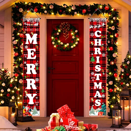 Decoraciones de Navidad, juego de letreros a cuadros de búfalo rojo y negro para festival, cartel de puerta de Feliz Navidad, patio al aire libre y