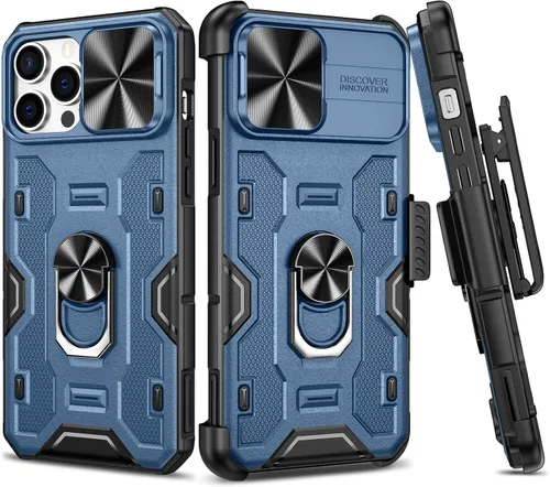 Miniatura 12 de VEGO Funda para iPhone 13 y iPhone 14 con soporte de clip para cinturón, cubierta deslizante para cámara y soporte magnético giratorio de 360°