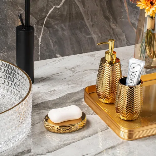 Miniatura 4 de Accesorios de baño dorados 3 piezas de accesorios de baño elegantes, dispensador de jabón dorado, bomba dispensadora de jabón, vaso y jabonera