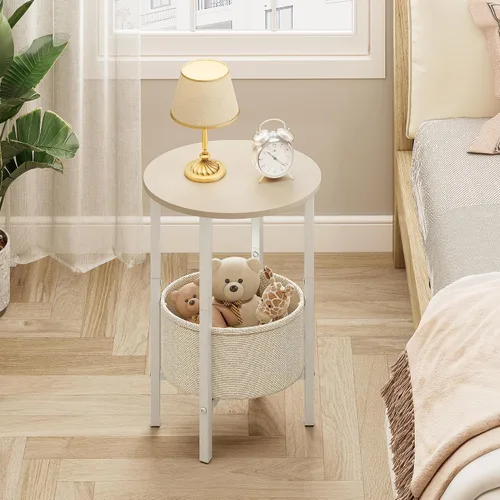 Miniatura 7 de Vagusicc Mesa auxiliar, mesa auxiliar redonda con cesta de tela, para sala de estar, dormitorio, oficina, Begie