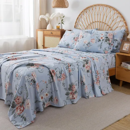 Miniatura 33 de FADFAY Juego de sábanas tamaño King, 100% algodón, elegante ropa de cama de granja con hojas verdes menta y flores blancas, sábana suave