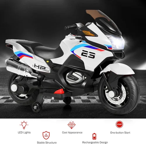 Miniatura 8 de HONEY JOY Motocicleta para niños de 12 V, vehículo eléctrico a batería para niños, ruedas de entrenamiento, luces LED, pedal de pie, suspensión