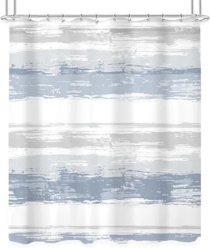 Miniatura 6 de KOMLLEX Cortina de ducha abstracta azul para decoración de baño, 72 pulgadas de ancho x 72 pulgadas de alto, moderna, a rayas blancas y grises