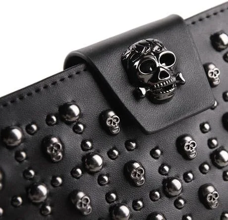 Miniatura 5 de Shinywear Monederos con tachuelas de calavera larga negra para mujer de cuero genuino, Negro -, Retro