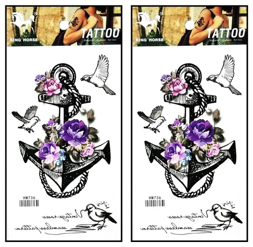 Tatuajes de 2 hojas de hermosas flores de rosa morada, ancla de paloma, tatuajes temporales, calcomanías de tatuajes falsos para cuerpo, brazo,