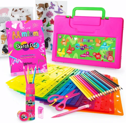 Kit de plantillas de dibujo para niños, juego de 60 piezas de arte con más de 370 formas, bloc de bocetos y lápices de colores para manualidades y