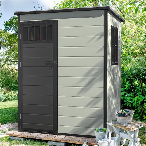 Miniatura 9 de DWVO Cobertizo de almacenamiento para exteriores de 5 x 3 pies con estilo de valla y ventanas laterales, piso y puertas con cerradura, cobertizo