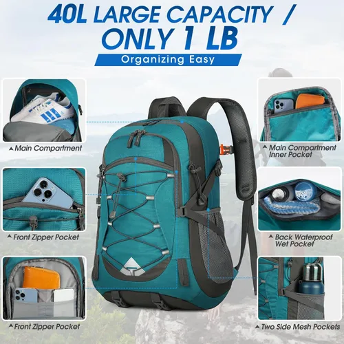 Miniatura 5 de IGOLUMON Mochila de senderismo de 40 L, plegable, ligera, mochila de camping para hombres y mujeres, impermeable, mochila de senderismo al aire Verde
