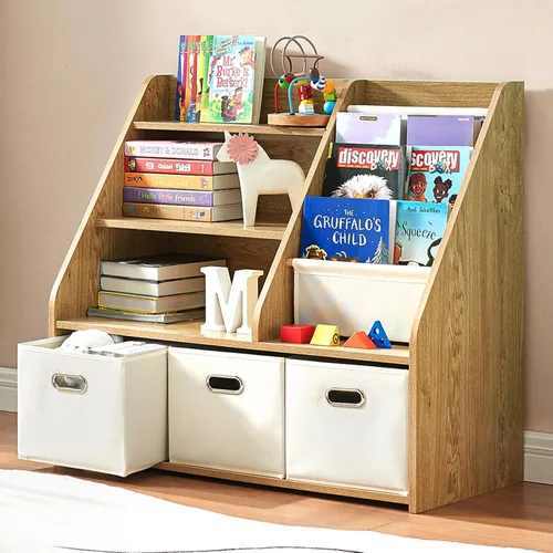 Marcytop Montessori - Estantería y organizador de almacenamiento de juguetes, estantería de madera 3 en 1 con 3 contenedores de tela para juguetes y
