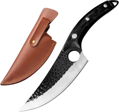 Huusk - Cuchillos vikingos, cuchillo de carnicero forjado negro con vaina, filete japonés para carne, cuchillos de espiga completa para cocina,