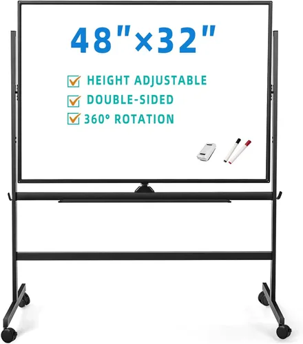 BIBOC Pizarra blanca móvil grande de borrado en seco de 32 x 48 pulgadas con soporte rodante, pizarra blanca ajustable de altura de doble cara para
