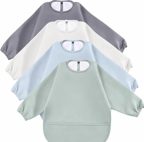 JaGely Paquete de 4 baberos de manga larga para bebé, impermeables, de manga larga, babero para comer, babero de alimentación con receptor de