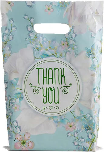 50 bolsas de plástico de 11.7 x 15.7 pulgadas con asa troquelada, bolsas de regalo de compras de flores azules para pequeñas empresas y manualidades