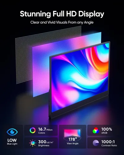 Miniatura 2 de CJkao Monitor portátil de 15.6 pulgadas FHD 1080P USB-C y HDMI pantalla IPS ultradelgada con cubierta inteligente, altavoces duales, HDR, cuidado