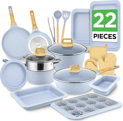 NutriChef Juego de 22 piezas de utensilios de cocina y para hornear | Colección profesional para el hogar con ollas y sartenes de varios tamaños,