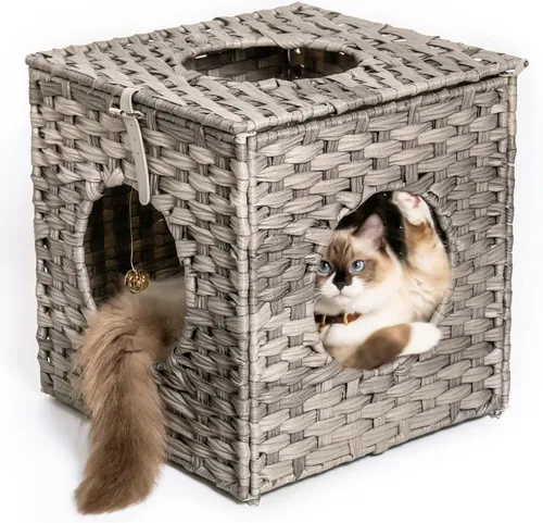 Miniatura 9 de Mewoo Ratten Cat House Condominio con ratán interactivo de bola colgante * 4 juguetes y cojín de algodón, cama cerrada de mimbre para gatos