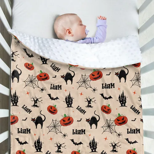 Miniatura 3 de Manta de Halloween personalizada, diseños de dibujos animados con nombre personalizable, manta de franela de felpa suave con respaldo punteado