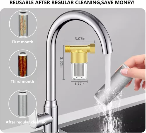 Miniatura 7 de DR02 Filtro de sedimentos de latón reutilizable, filtro de agua para lavadora de 40 micrones, para lavadora, jardín, calentador, RV, protección