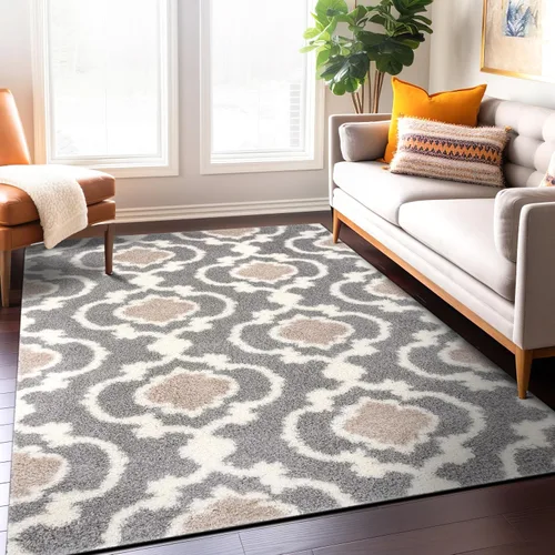Miniatura 12 de Alfombra de área peluda para interior, cómoda, estilo entretejido marroquí, Polipropileno, Gris/Crema