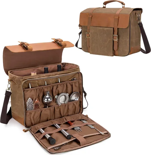 LoDrid Bolsa portátil de barman para kits de bar, funda de viaje de lona encerada de cuero genuino vintage con divisores interiores gruesos y correa