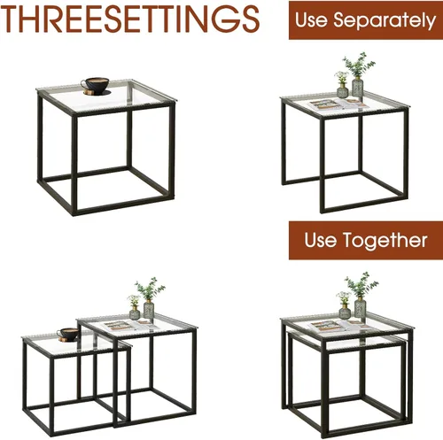 Miniatura 5 de Garden 4 you Juego de 2 mesas auxiliares modernas, mesa anidable de cristal, juego de mesa central cuadrada con marco de metal, mesas auxiliares