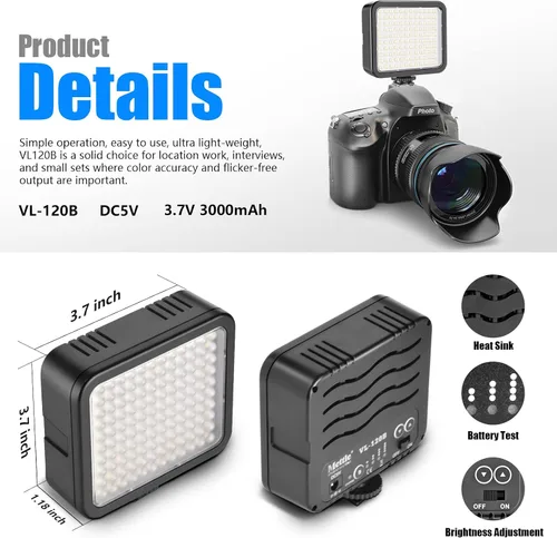 Miniatura 5 de Mettlelite VL120B Kit de luz LED de video regulable, continuo, portátil, para cámara, iluminación de fotografía, luz de video recargable con trípode