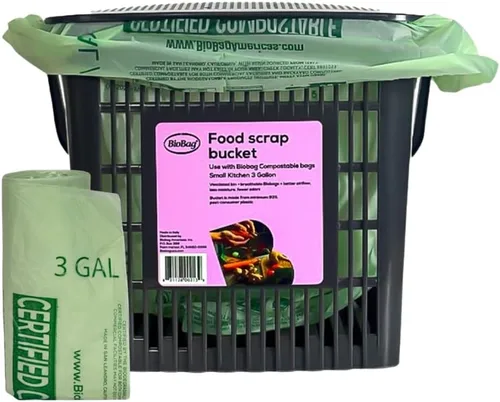 BioBag Contenedor de compostaje de cocina para encimera y 25 bolsas compostables certificadas de 3 galones, aprobadas por BPI y ASTM D6400,